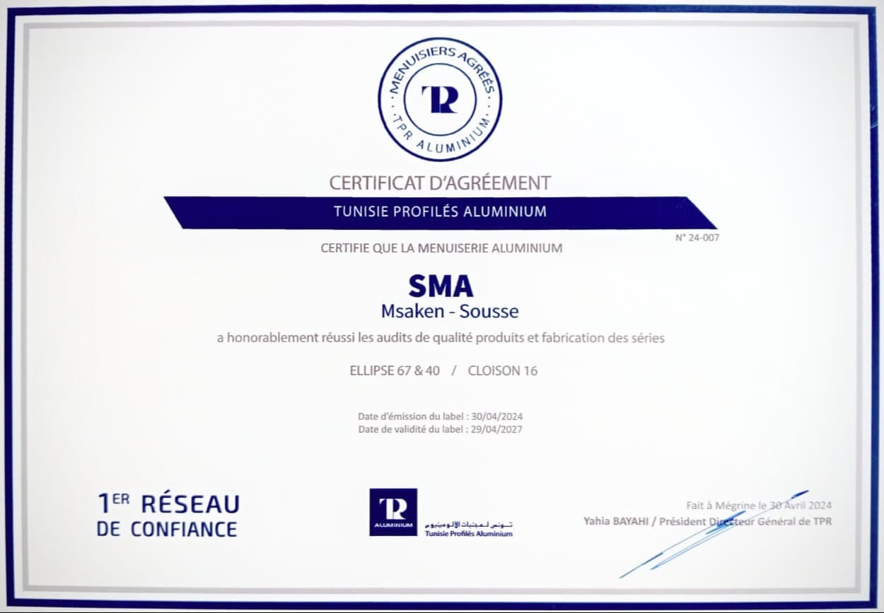 Certificat d'agrément SMA - Tunisie Profilés Aluminium